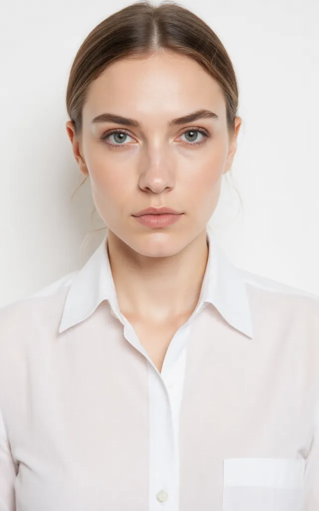 A French female model with a Daytime makeup style, wearing a shirt, against a white background, in a front   facing bust portrait